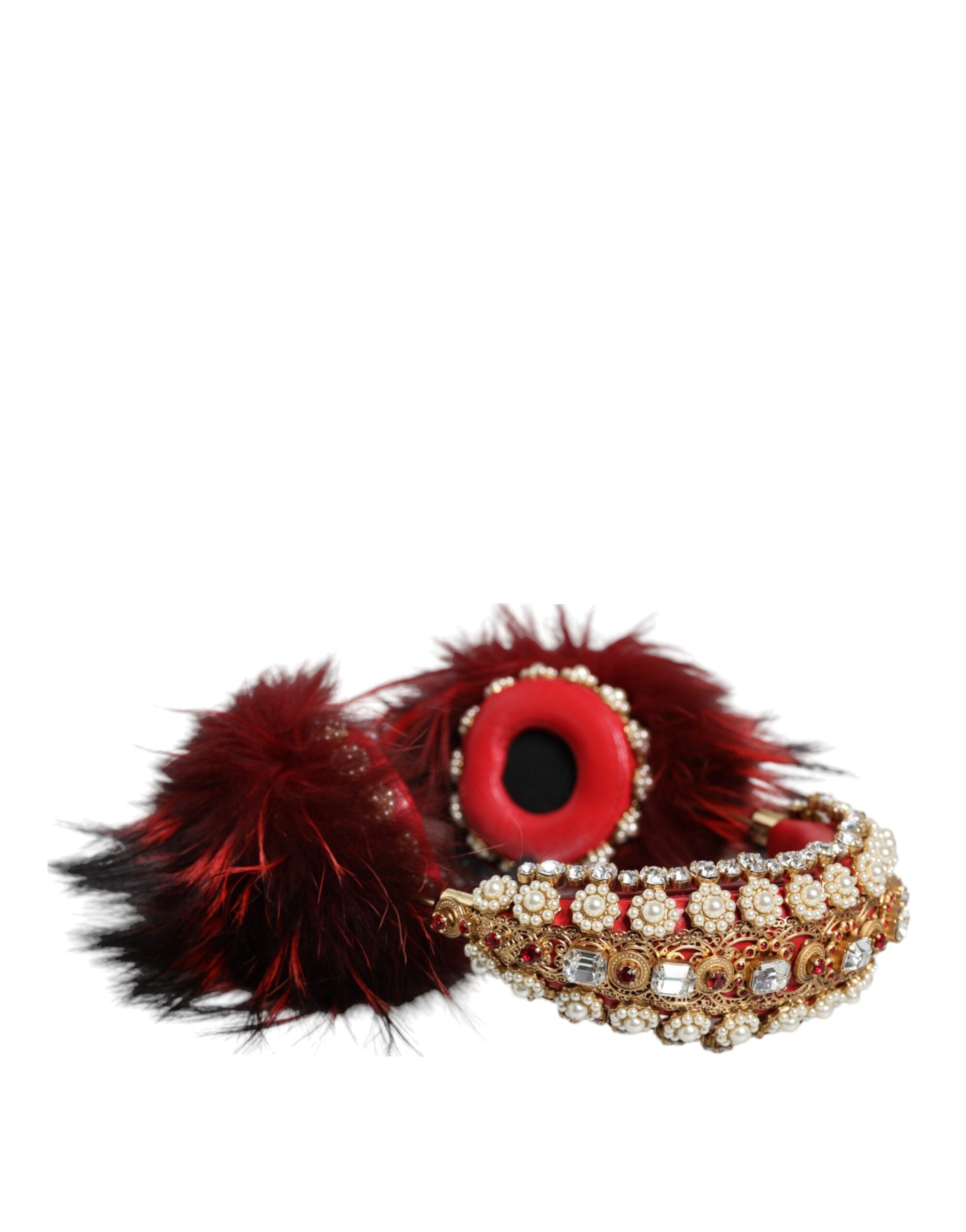 Dolce &amp; Gabbana Red Gold Crystal Fur Headset Audio AUX Headphones