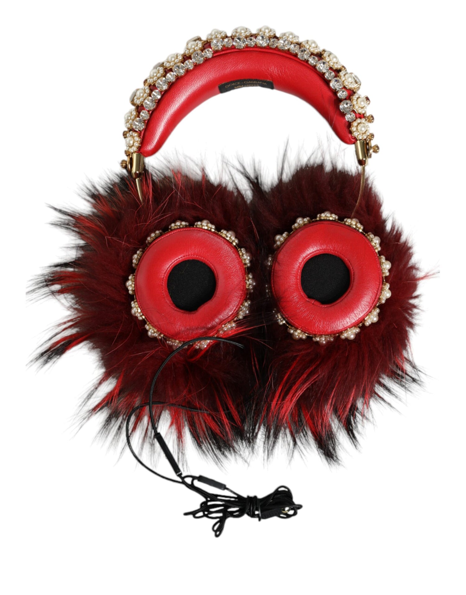 Dolce &amp; Gabbana Red Gold Crystal Fur Headset Audio AUX Headphones