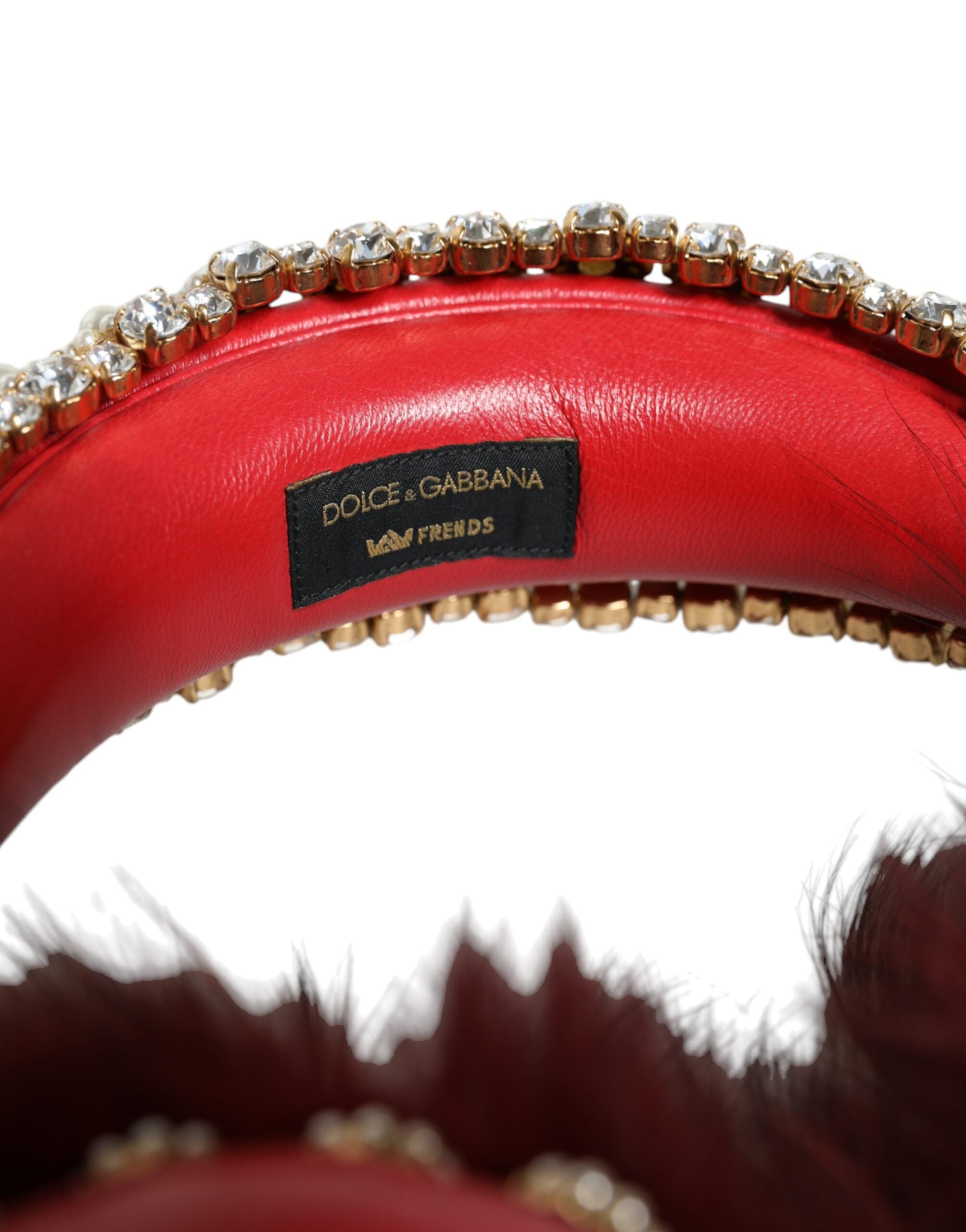 Dolce &amp; Gabbana Red Gold Crystal Fur Headset Audio AUX Headphones