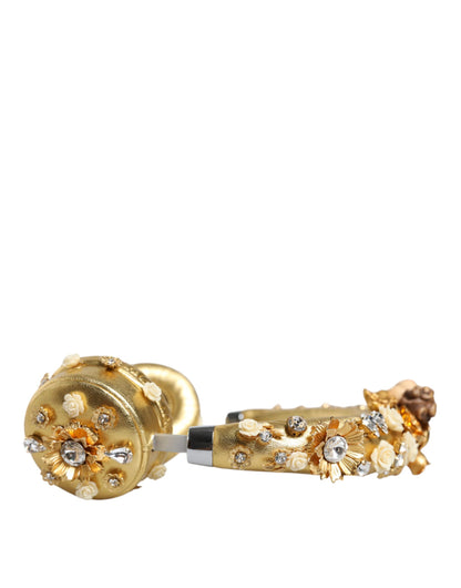 Dolce &amp; Gabbana Gold Leather Floral Crystal Angel Headset Headphones