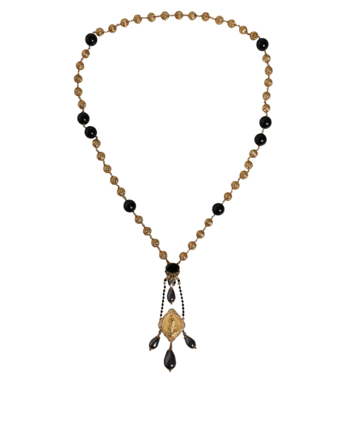 Dolce &amp; Gabbana Gold Chain Brass Black Beaded Rosary Style Necklace