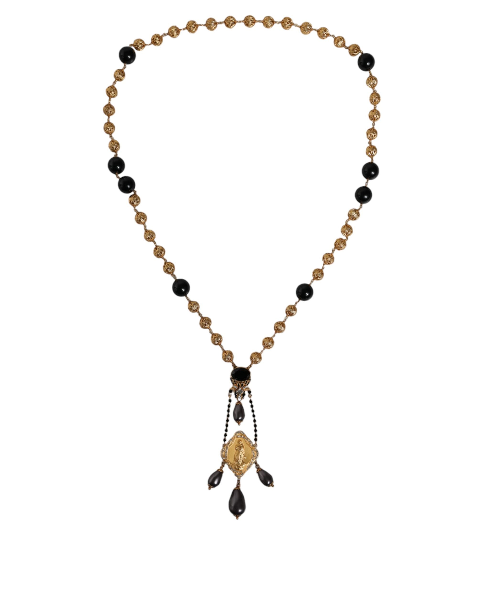 Dolce &amp; Gabbana Gold Chain Brass Black Beaded Rosary Style Necklace