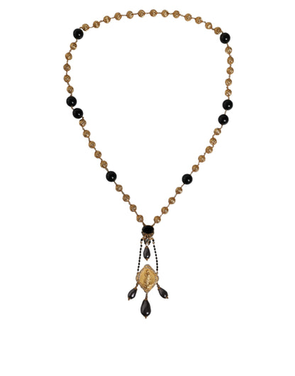 Dolce &amp; Gabbana Gold Chain Brass Black Beaded Rosary Style Necklace