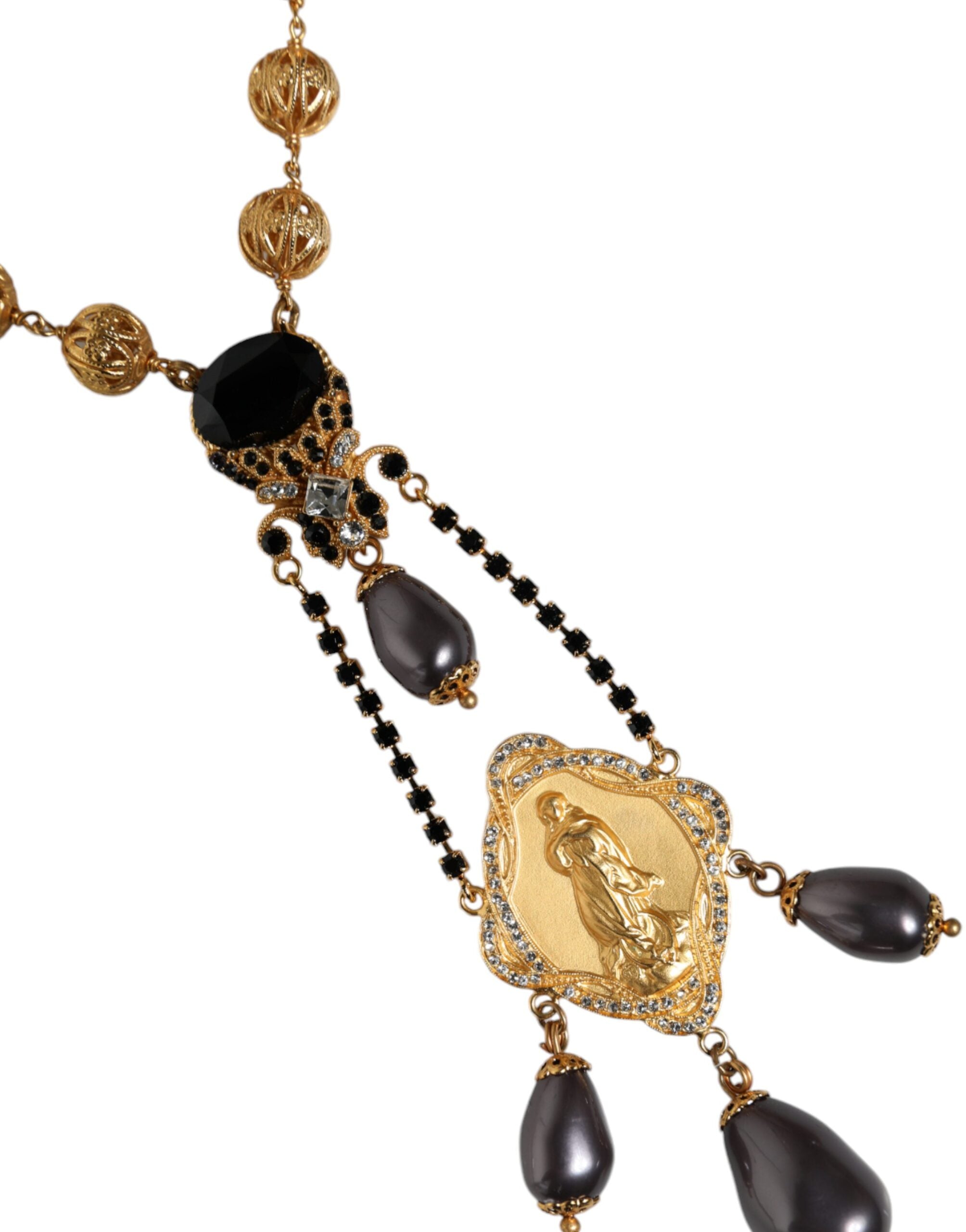 Dolce &amp; Gabbana Gold Chain Brass Black Beaded Rosary Style Necklace