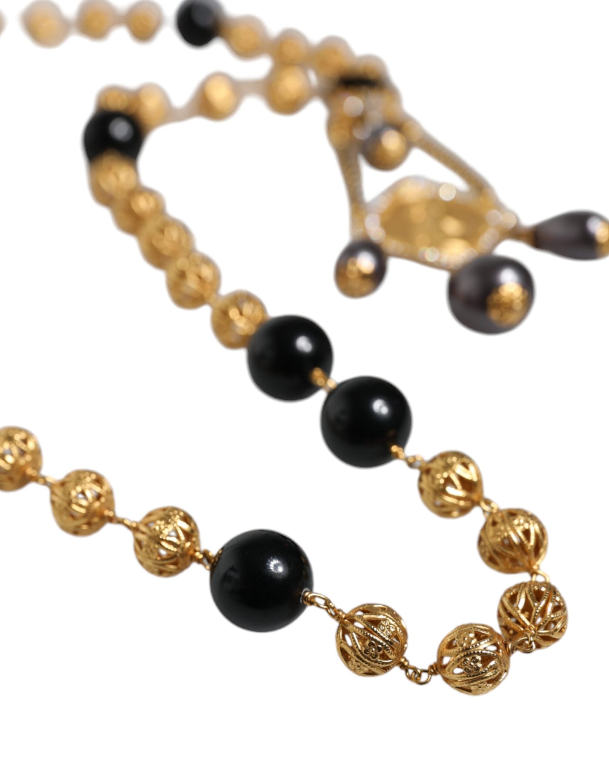 Dolce &amp; Gabbana Gold Chain Brass Black Beaded Rosary Style Necklace