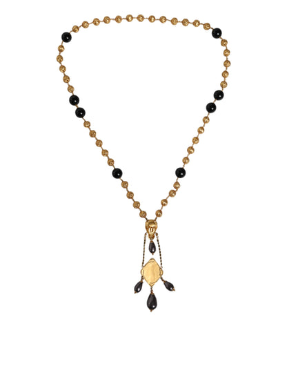 Dolce &amp; Gabbana Gold Chain Brass Black Beaded Rosary Style Necklace