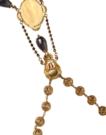 Dolce &amp; Gabbana Gold Chain Brass Black Beaded Rosary Style Necklace