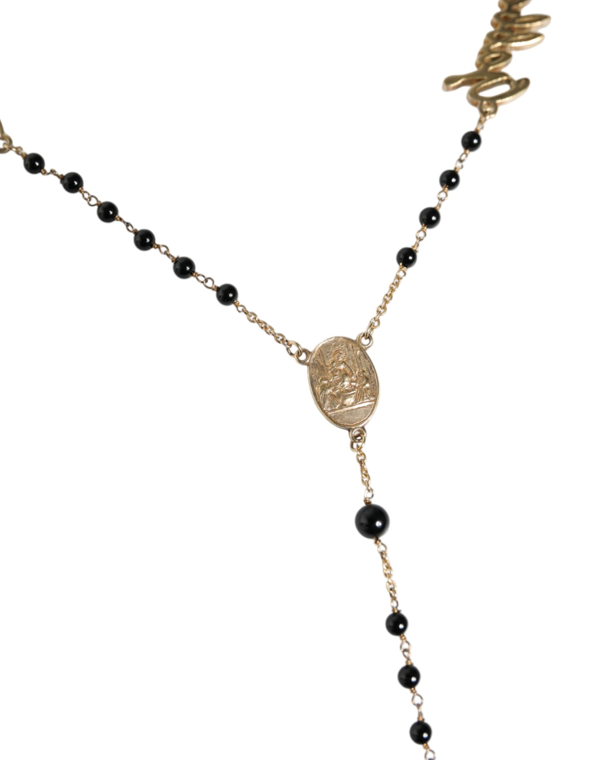 Dolce &amp; Gabbana Gold Sterling Silver Black Beaded Rosary Chain Necklace