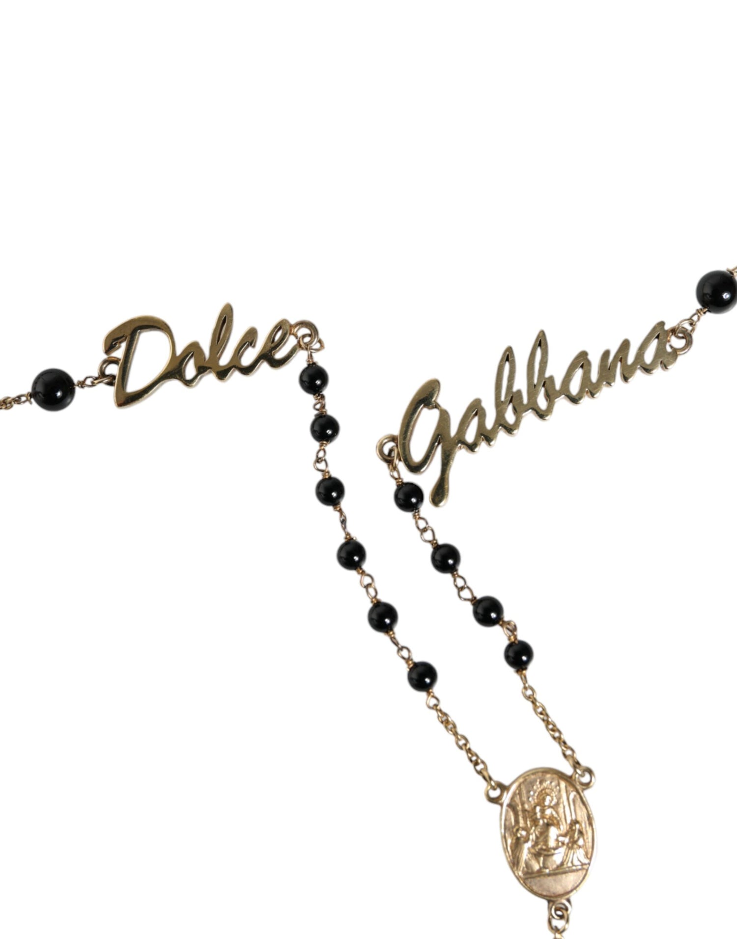 Dolce &amp; Gabbana Gold Sterling Silver Black Beaded Rosary Chain Necklace