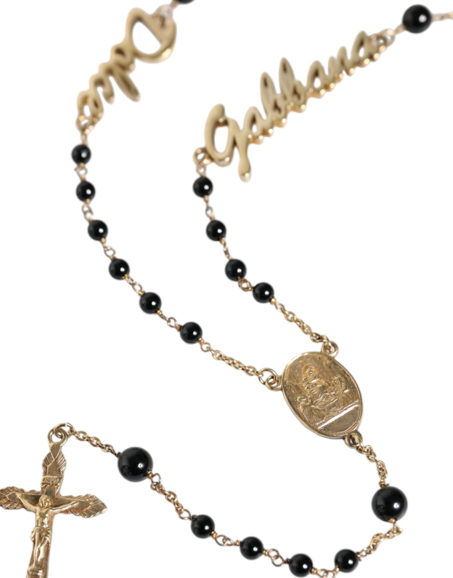 Dolce &amp; Gabbana Gold Sterling Silver Black Beaded Rosary Chain Necklace