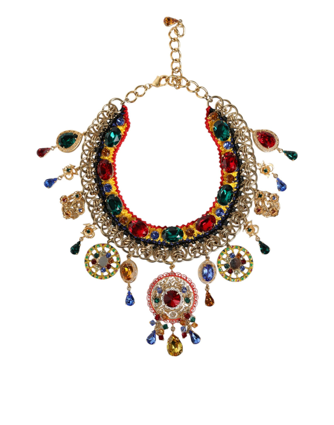 Dolce &amp; Gabbana Gold Brass Chain Majolica Embellished Chocker Necklace