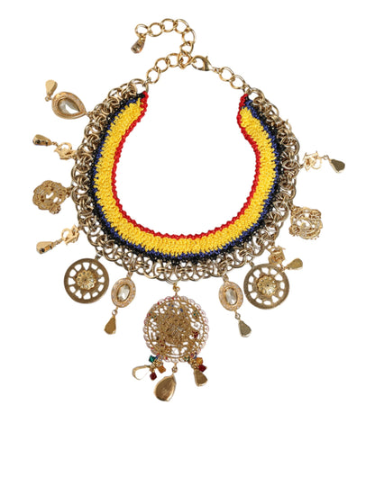 Dolce &amp; Gabbana Gold Brass Chain Majolica Embellished Chocker Necklace