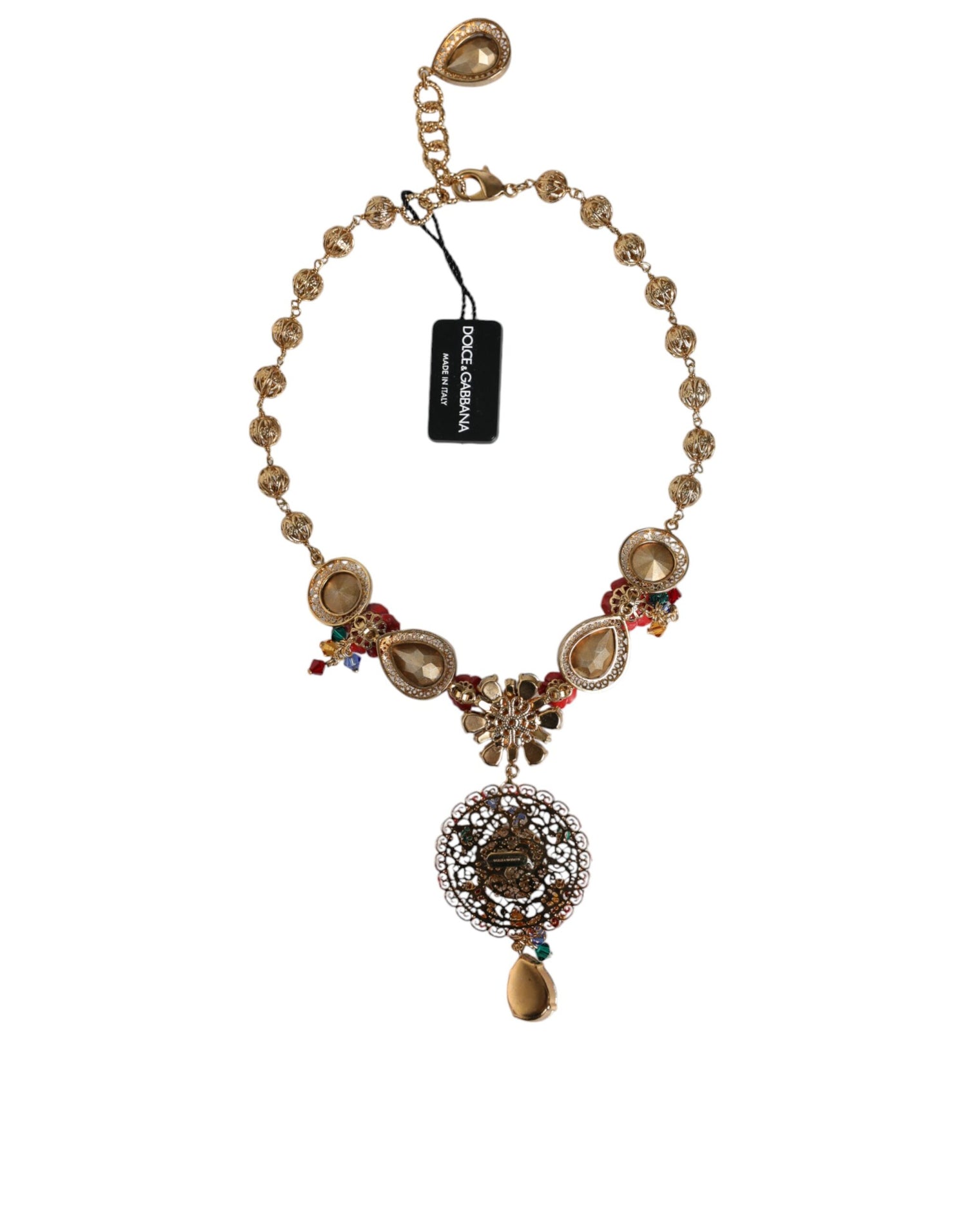 Dolce &amp; Gabbana Gold Tone Brass Embellished Ball Chain Statement Necklace