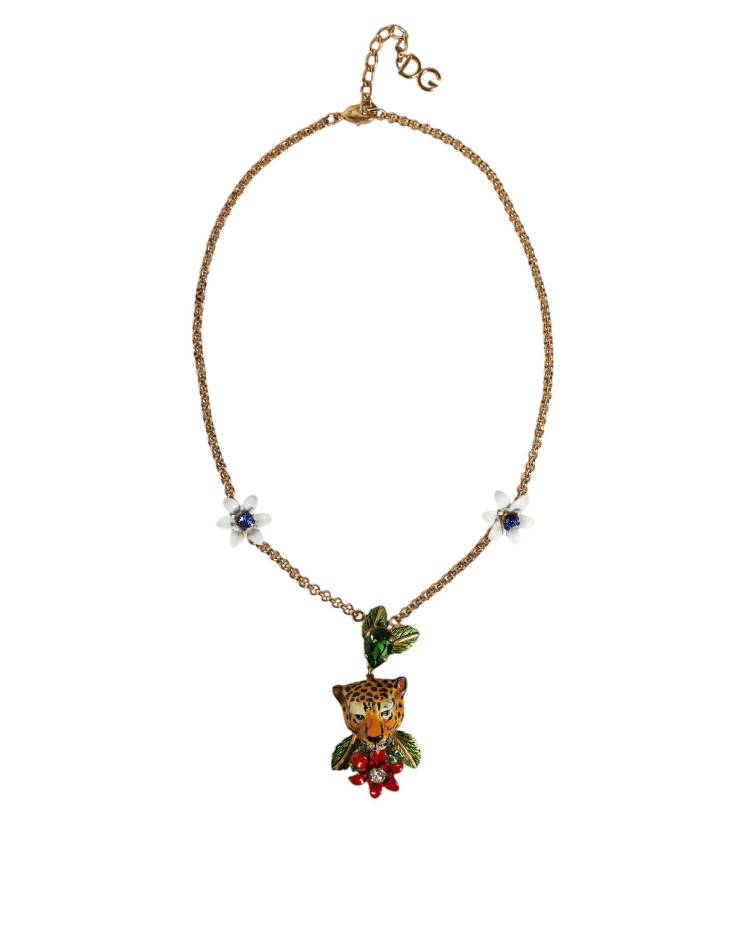 Dolce &amp; Gabbana Gold Brass Leopard Flower Embellished Statement Necklace