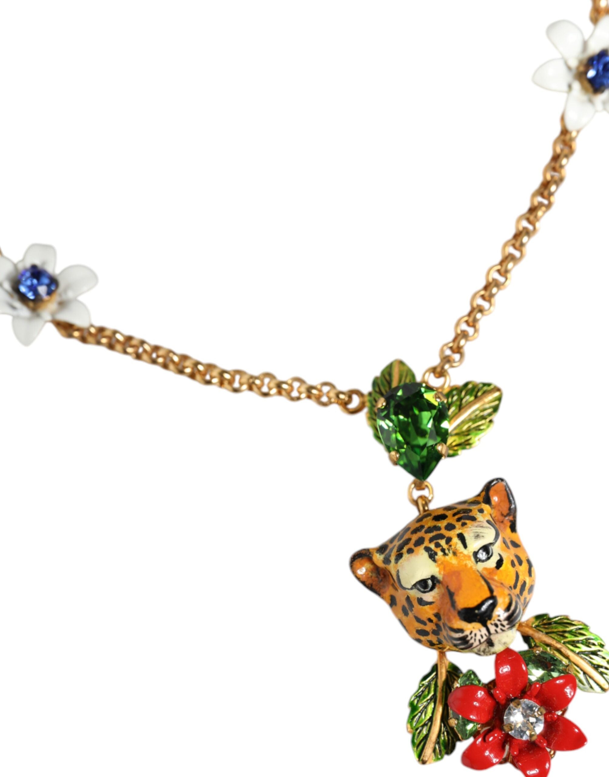 Dolce &amp; Gabbana Gold Brass Leopard Flower Embellished Statement Necklace