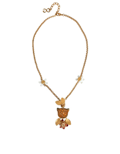 Dolce &amp; Gabbana Gold Brass Leopard Flower Embellished Statement Necklace