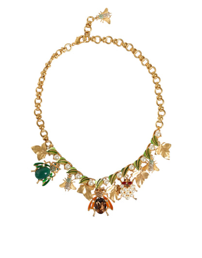 Dolce &amp; Gabbana Gold Brass Crystal Bug Charm Pendant Statement Necklace