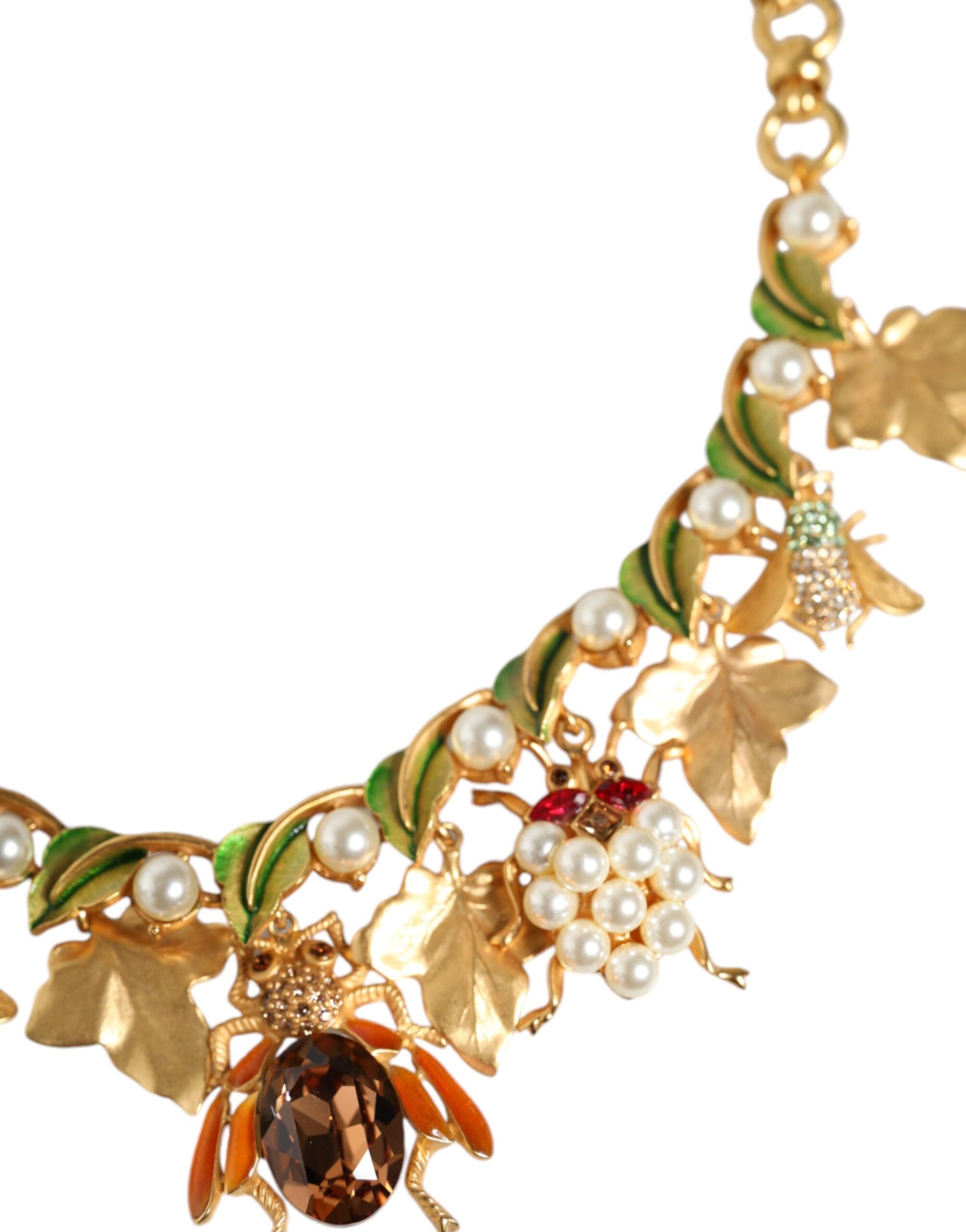 Dolce &amp; Gabbana Gold Brass Crystal Bug Charm Pendant Statement Necklace