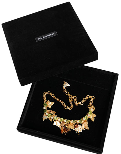 Dolce &amp; Gabbana Gold Brass Crystal Bug Charm Pendant Statement Necklace