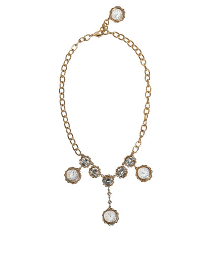 Dolce &amp; Gabbana Gold Chain Brass Crystal Clock Statement Necklace