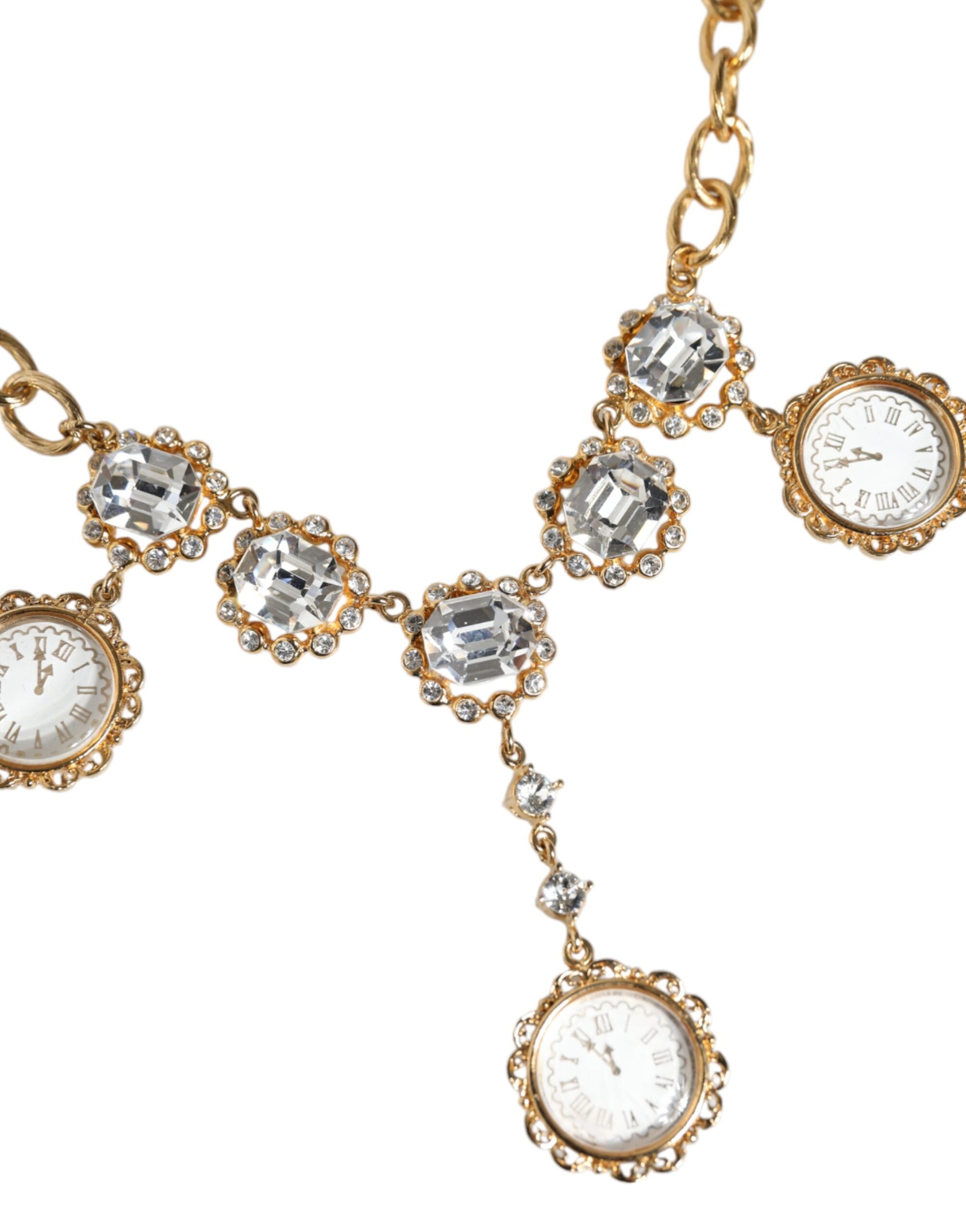 Dolce &amp; Gabbana Gold Chain Brass Crystal Clock Statement Necklace