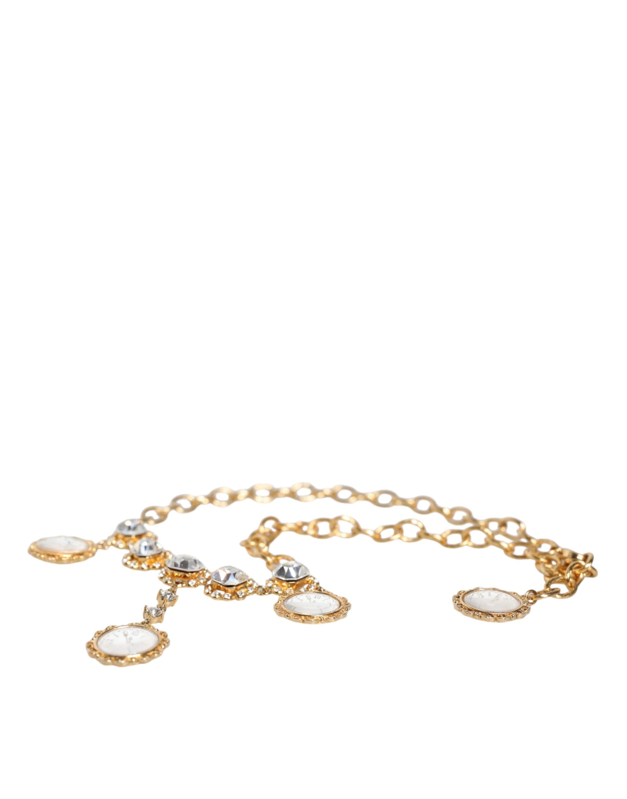 Dolce &amp; Gabbana Gold Chain Brass Crystal Clock Statement Necklace