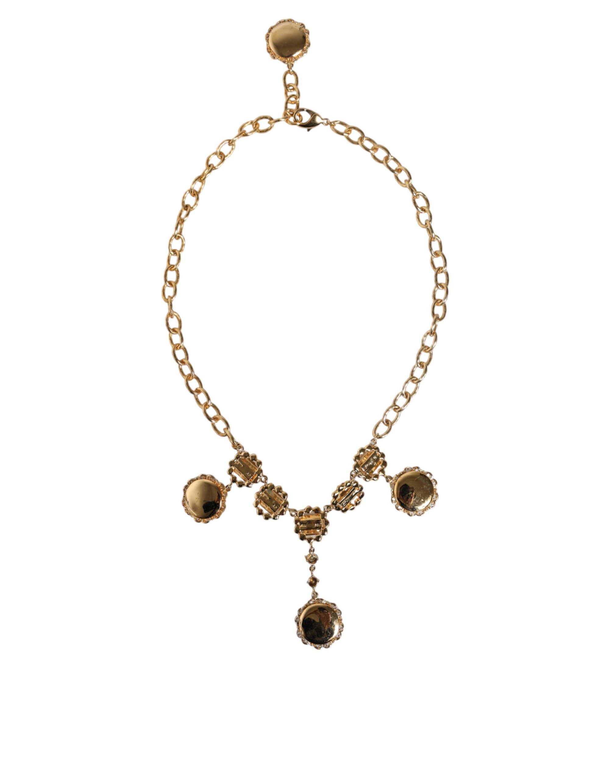 Dolce &amp; Gabbana Gold Chain Brass Crystal Clock Statement Necklace