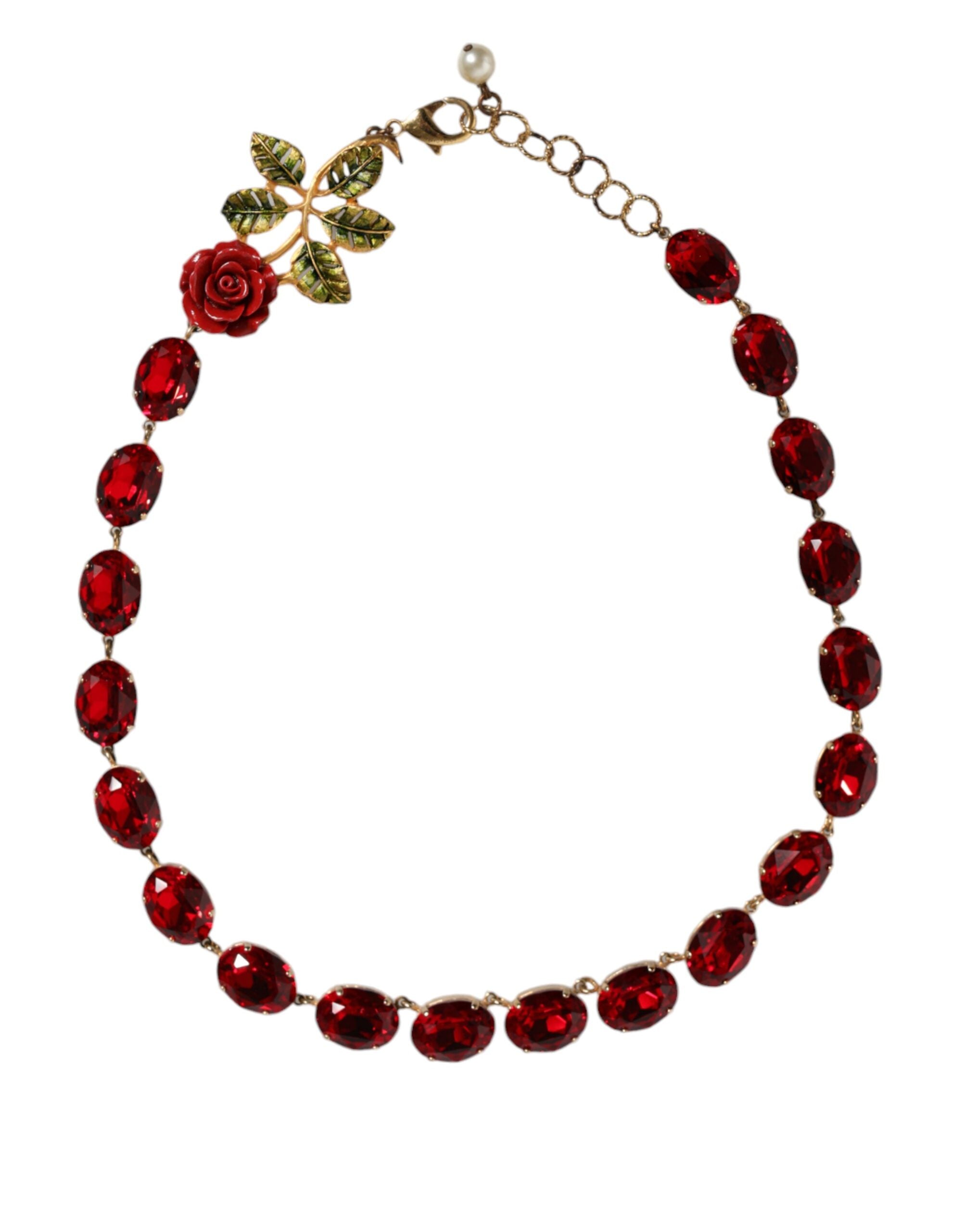 Dolce &amp; Gabbana Gold Chain Brass Red Rose Crystal Embellished Necklace