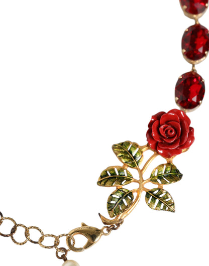 Dolce &amp; Gabbana Gold Chain Brass Red Rose Crystal Embellished Necklace