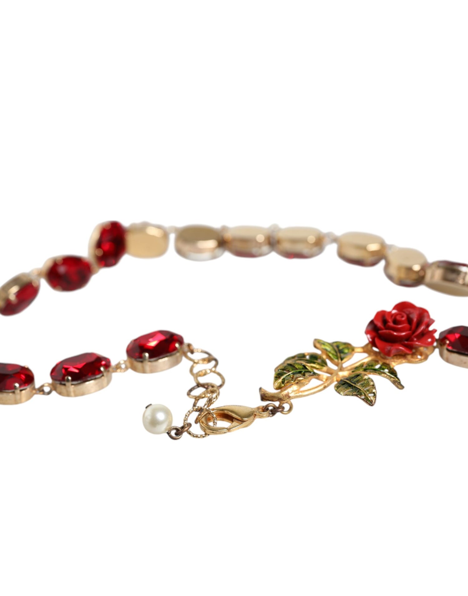 Dolce &amp; Gabbana Gold Chain Brass Red Rose Crystal Embellished Necklace