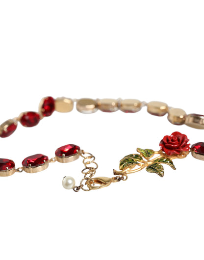 Dolce &amp; Gabbana Gold Chain Brass Red Rose Crystal Embellished Necklace