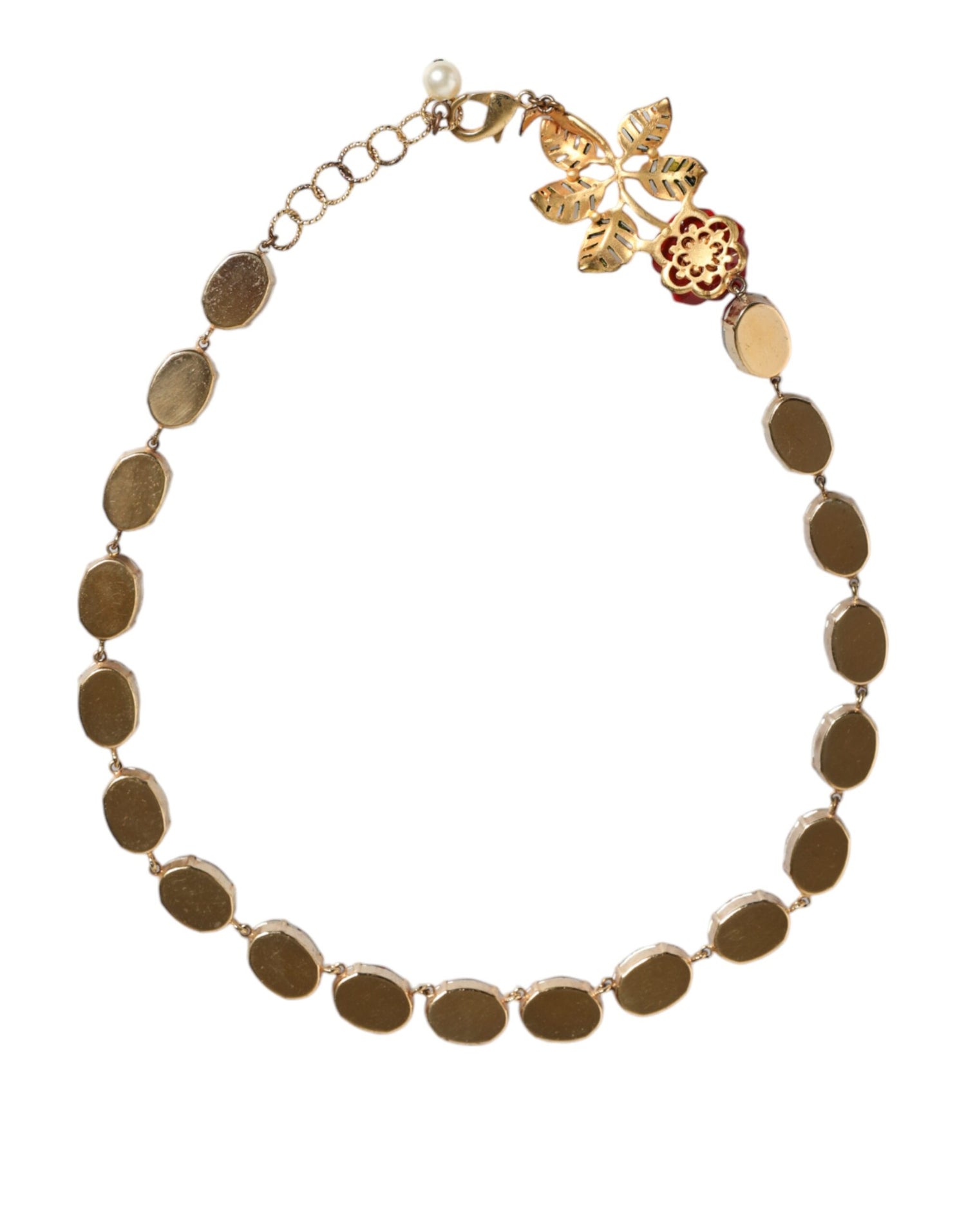 Dolce &amp; Gabbana Gold Chain Brass Red Rose Crystal Embellished Necklace