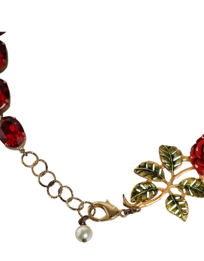 Dolce &amp; Gabbana Gold Chain Brass Red Rose Crystal Embellished Necklace