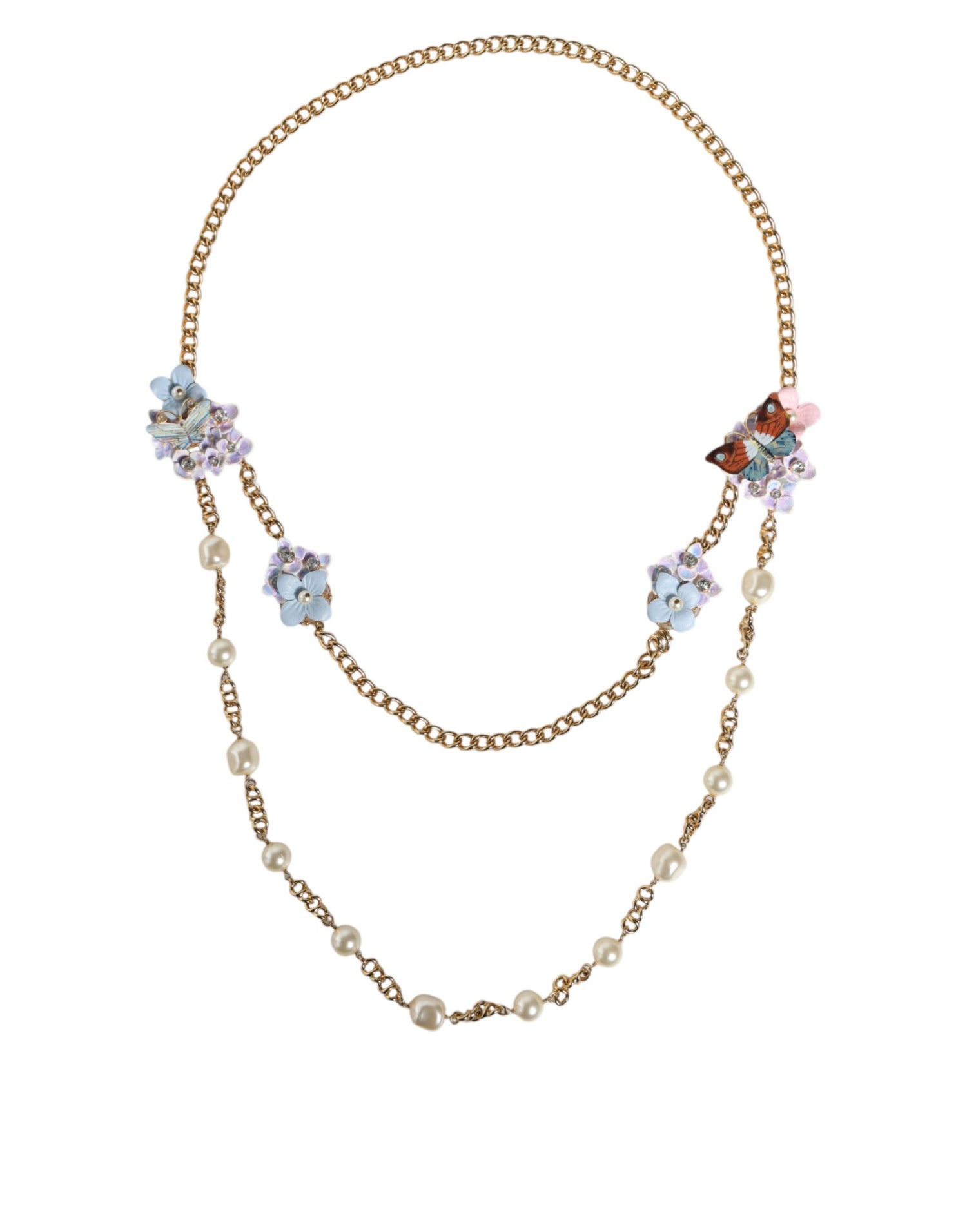 Dolce &amp; Gabbana Gold Chain Brass Floral Layered Crystal Pearl Necklace