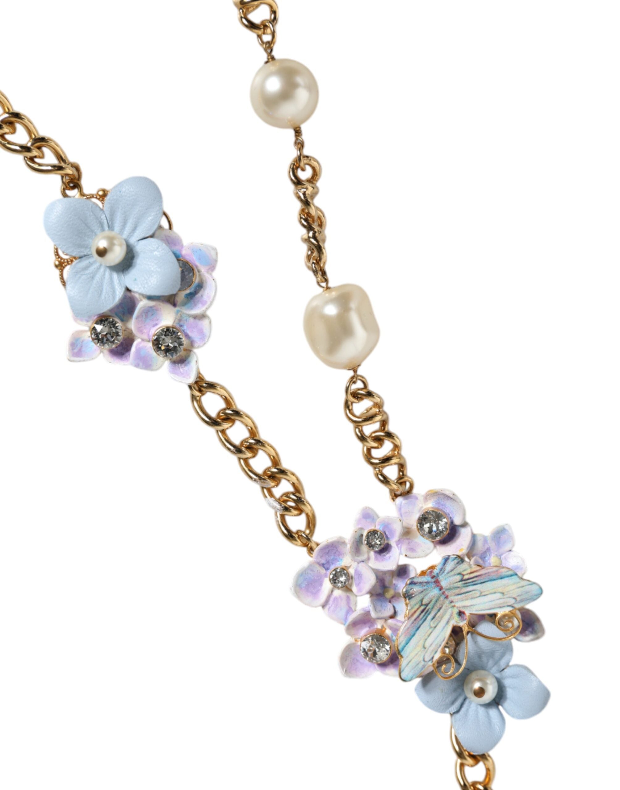 Dolce &amp; Gabbana Gold Chain Brass Floral Layered Crystal Pearl Necklace