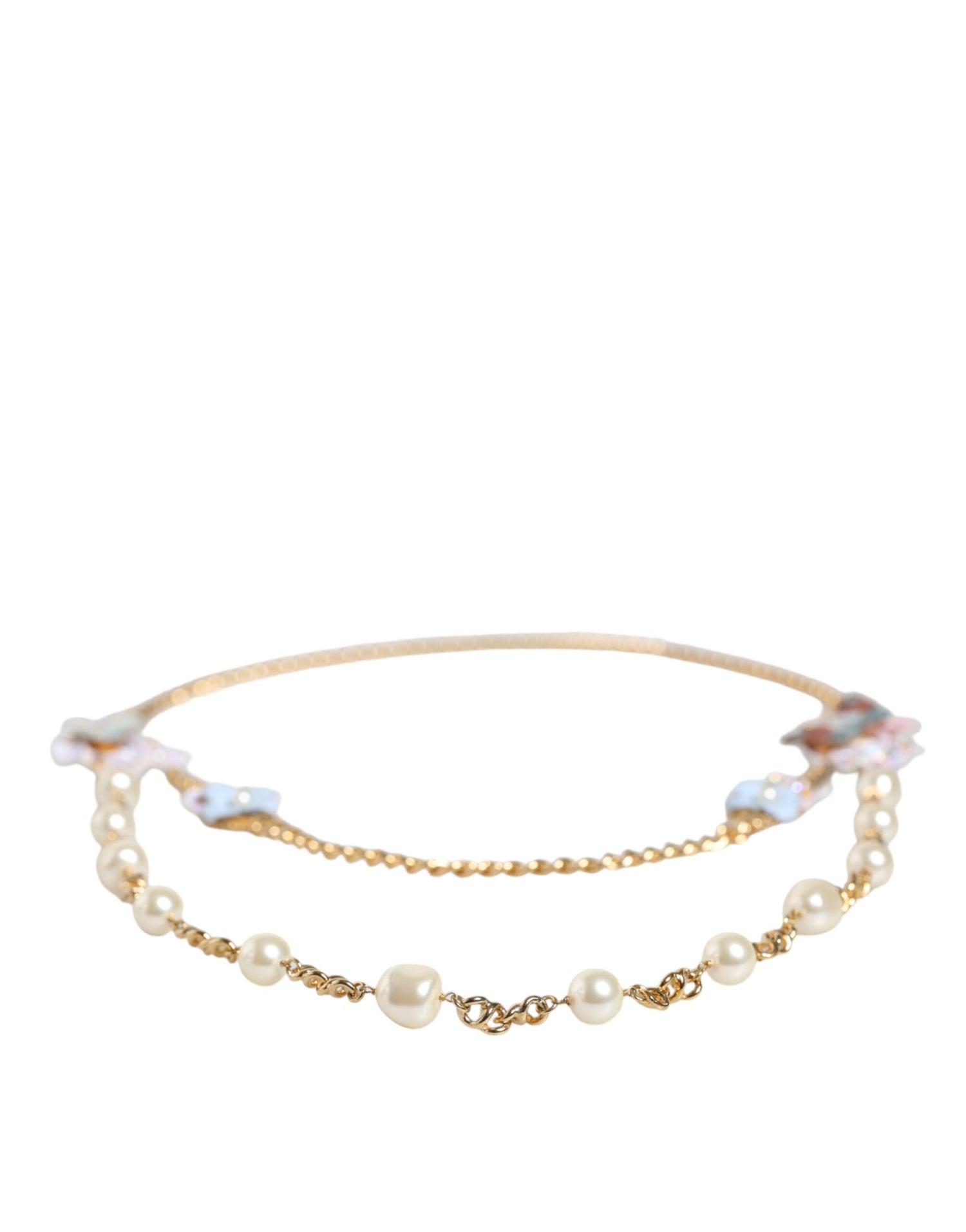 Dolce &amp; Gabbana Gold Chain Brass Floral Layered Crystal Pearl Necklace