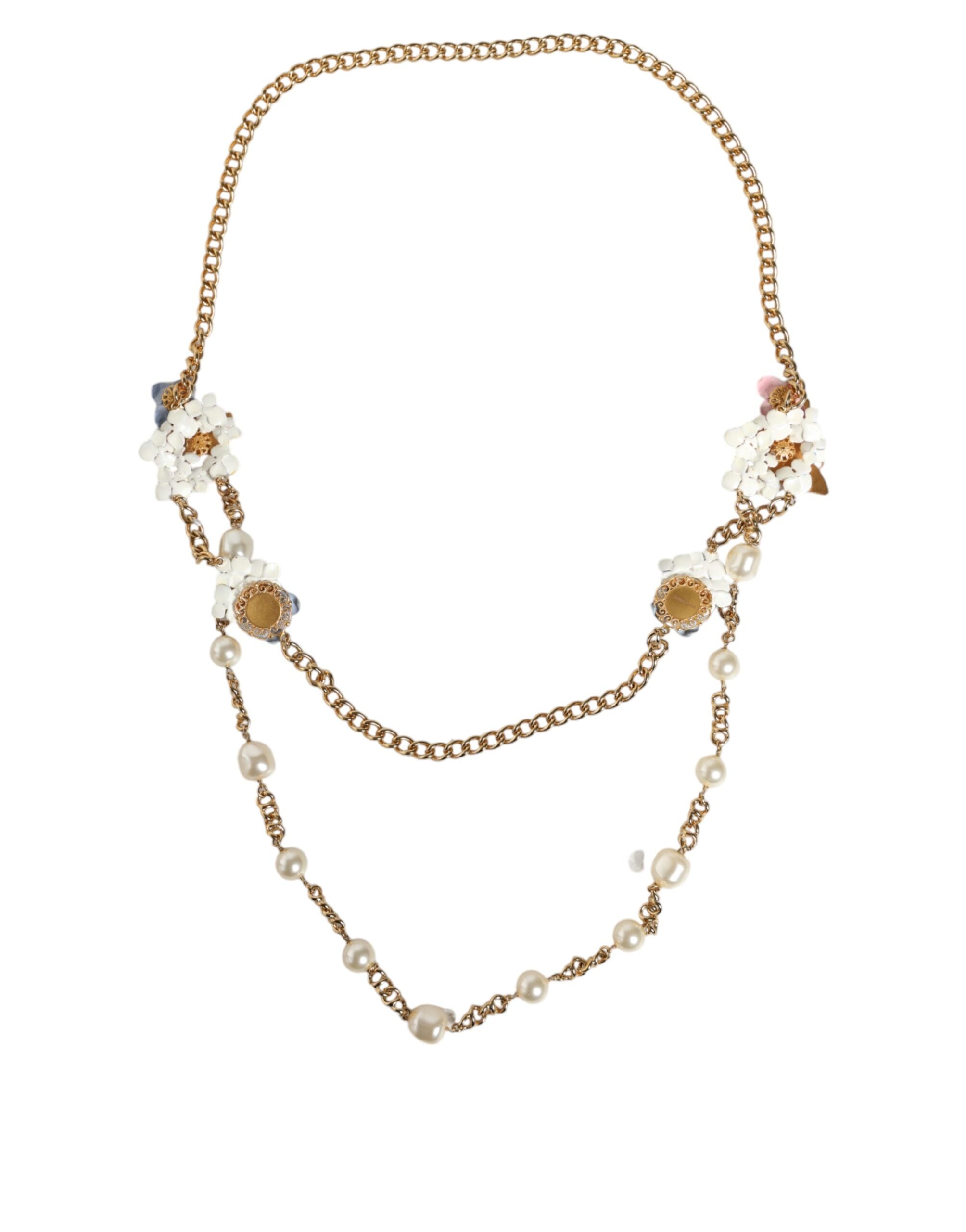 Dolce &amp; Gabbana Gold Chain Brass Floral Layered Crystal Pearl Necklace