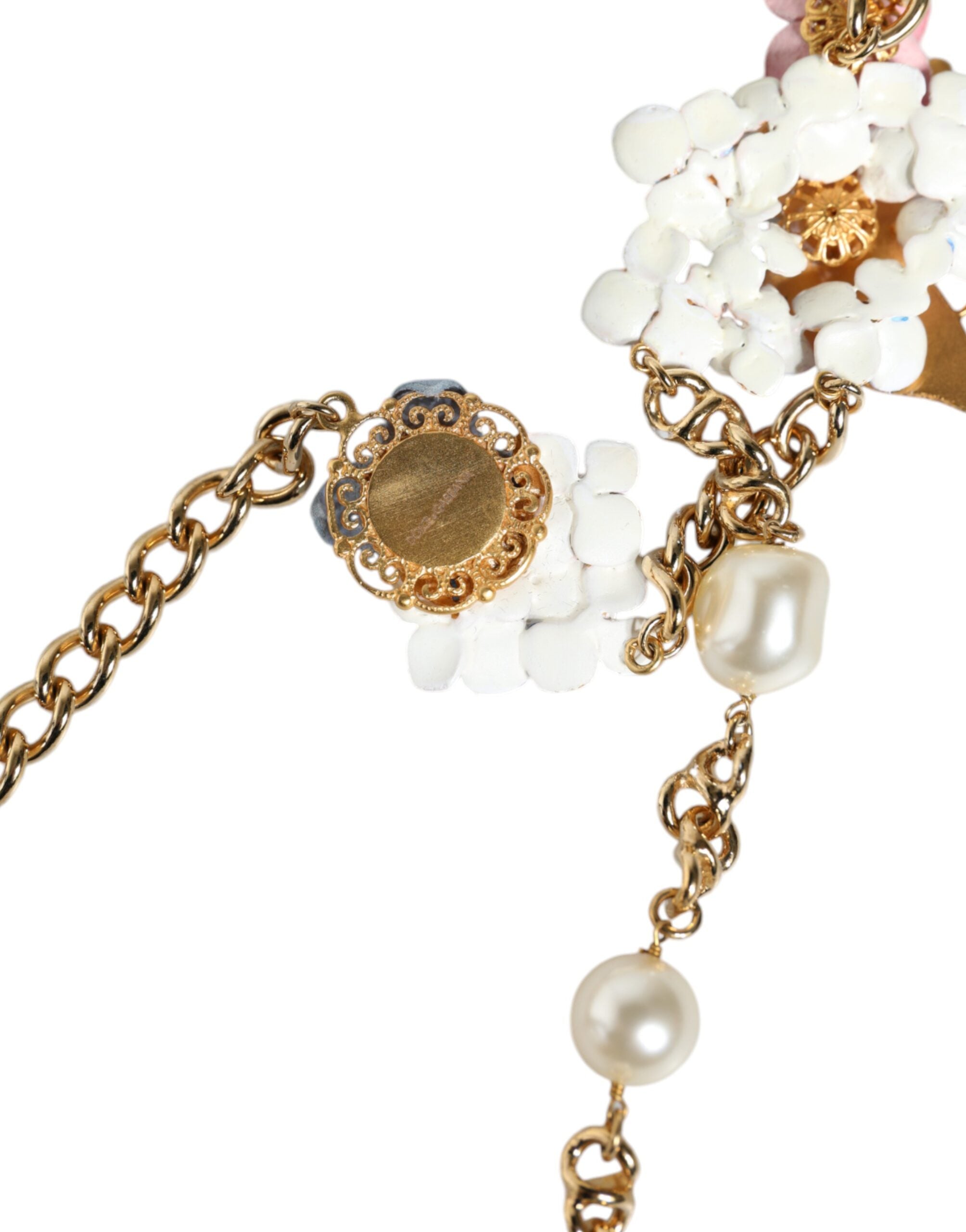 Dolce &amp; Gabbana Gold Chain Brass Floral Layered Crystal Pearl Necklace