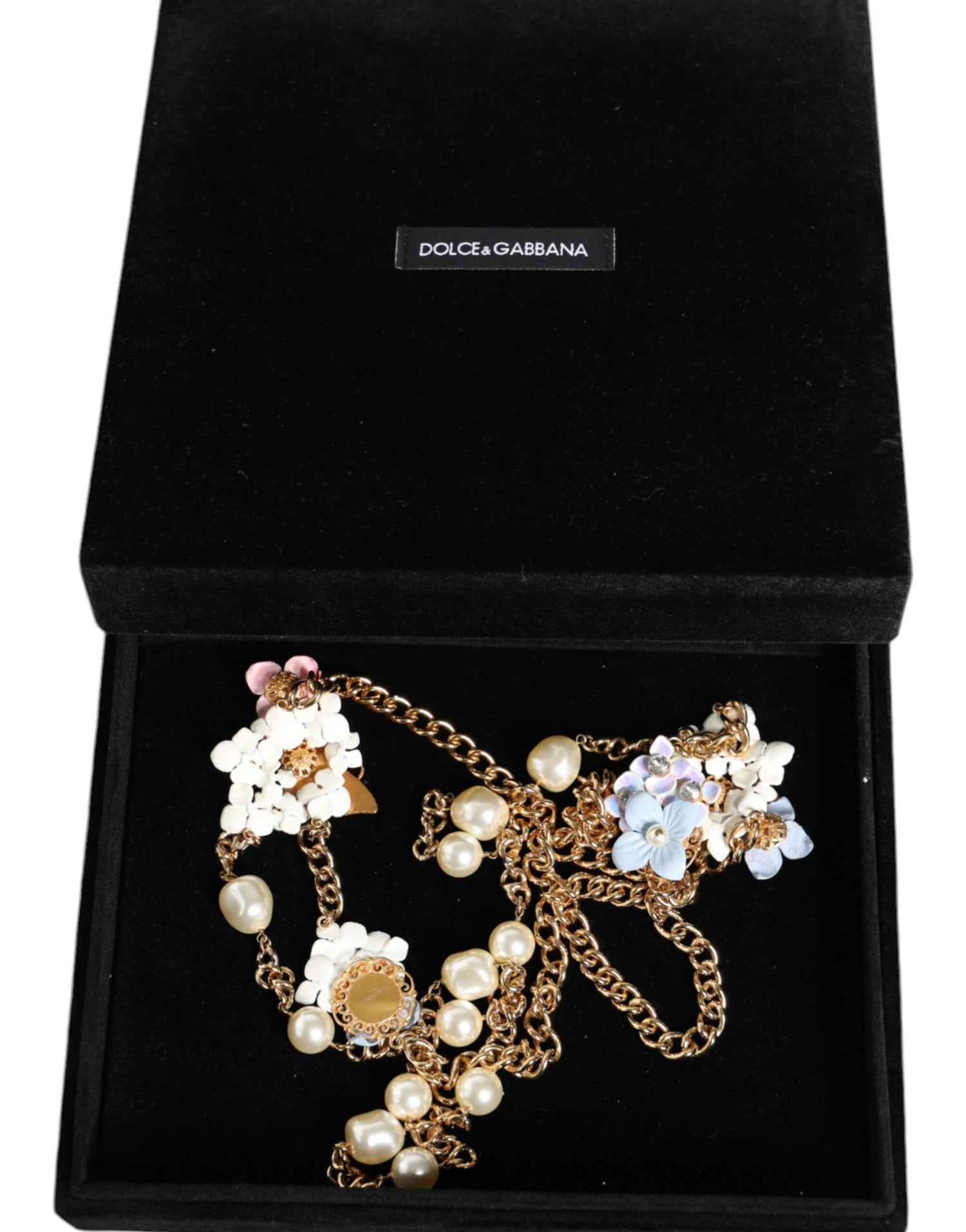 Dolce &amp; Gabbana Gold Chain Brass Floral Layered Crystal Pearl Necklace