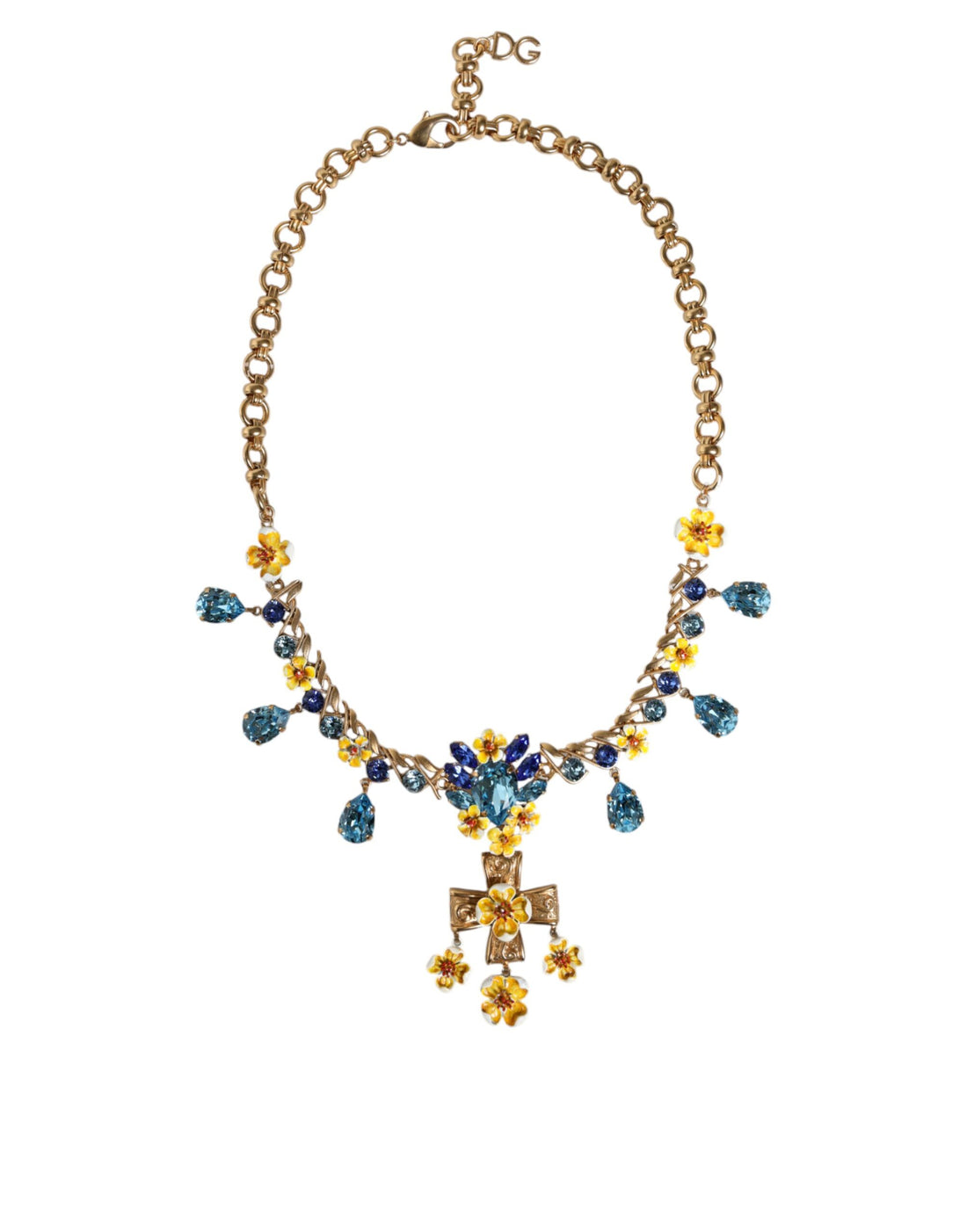 Dolce &amp; Gabbana Gold Brass Chain Floral Crystal Cross Pendant Necklace