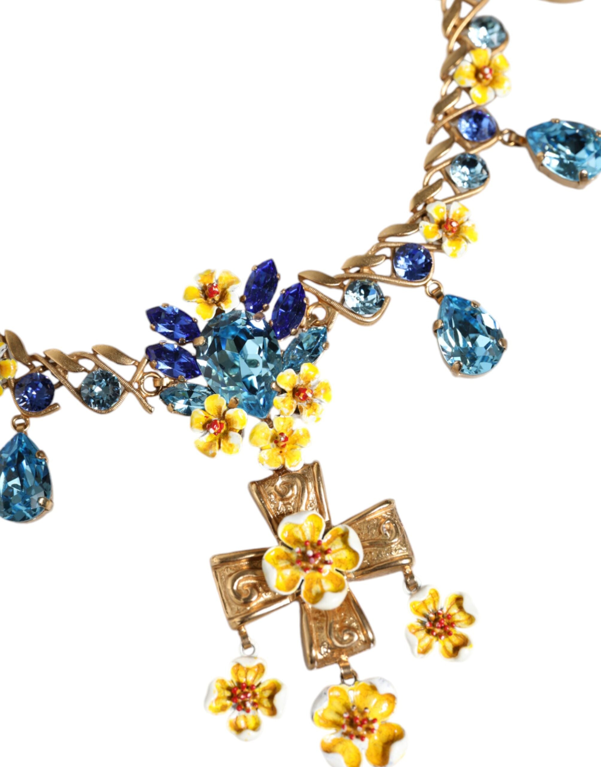 Dolce &amp; Gabbana Gold Brass Chain Floral Crystal Cross Pendant Necklace