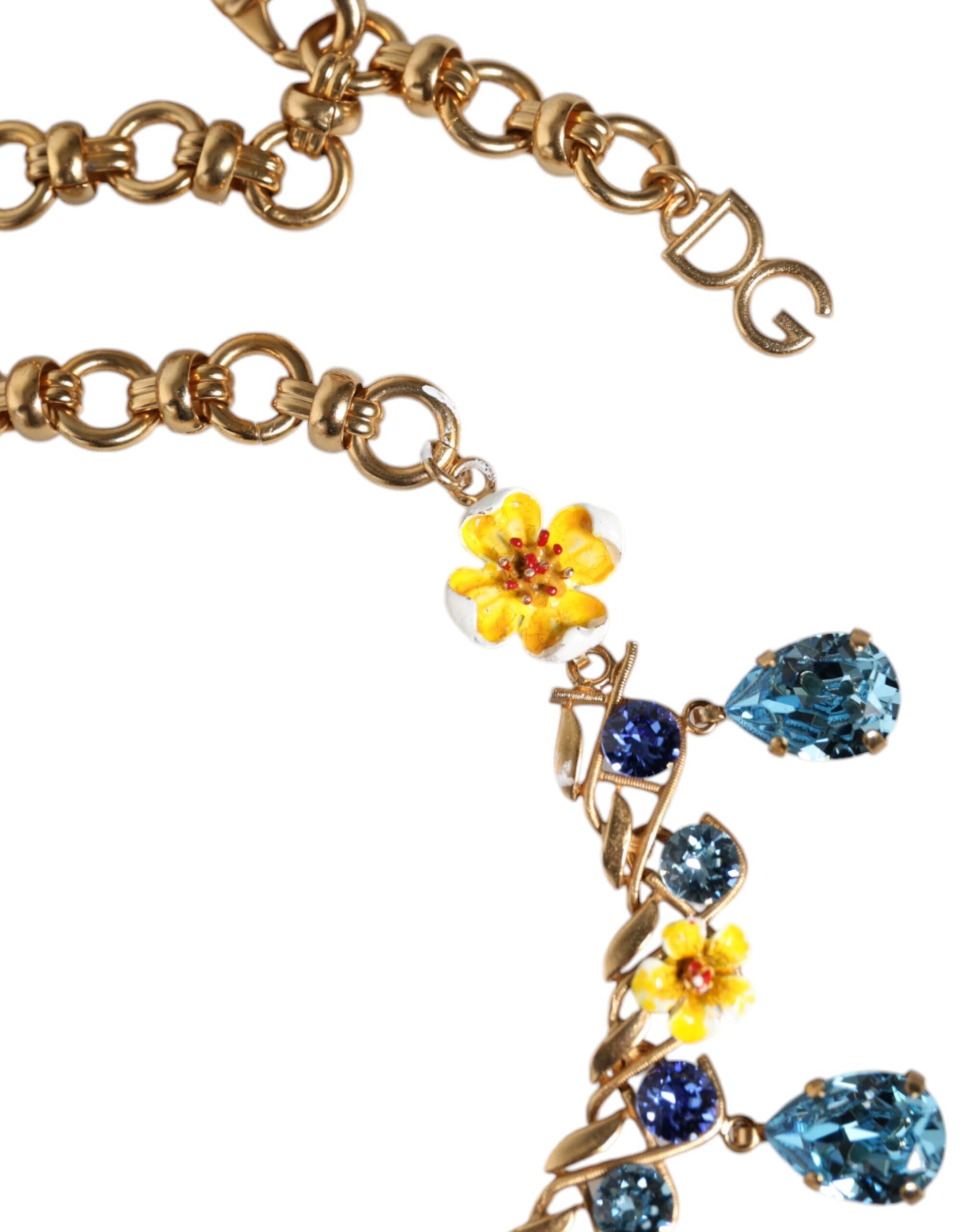 Dolce &amp; Gabbana Gold Brass Chain Floral Crystal Cross Pendant Necklace