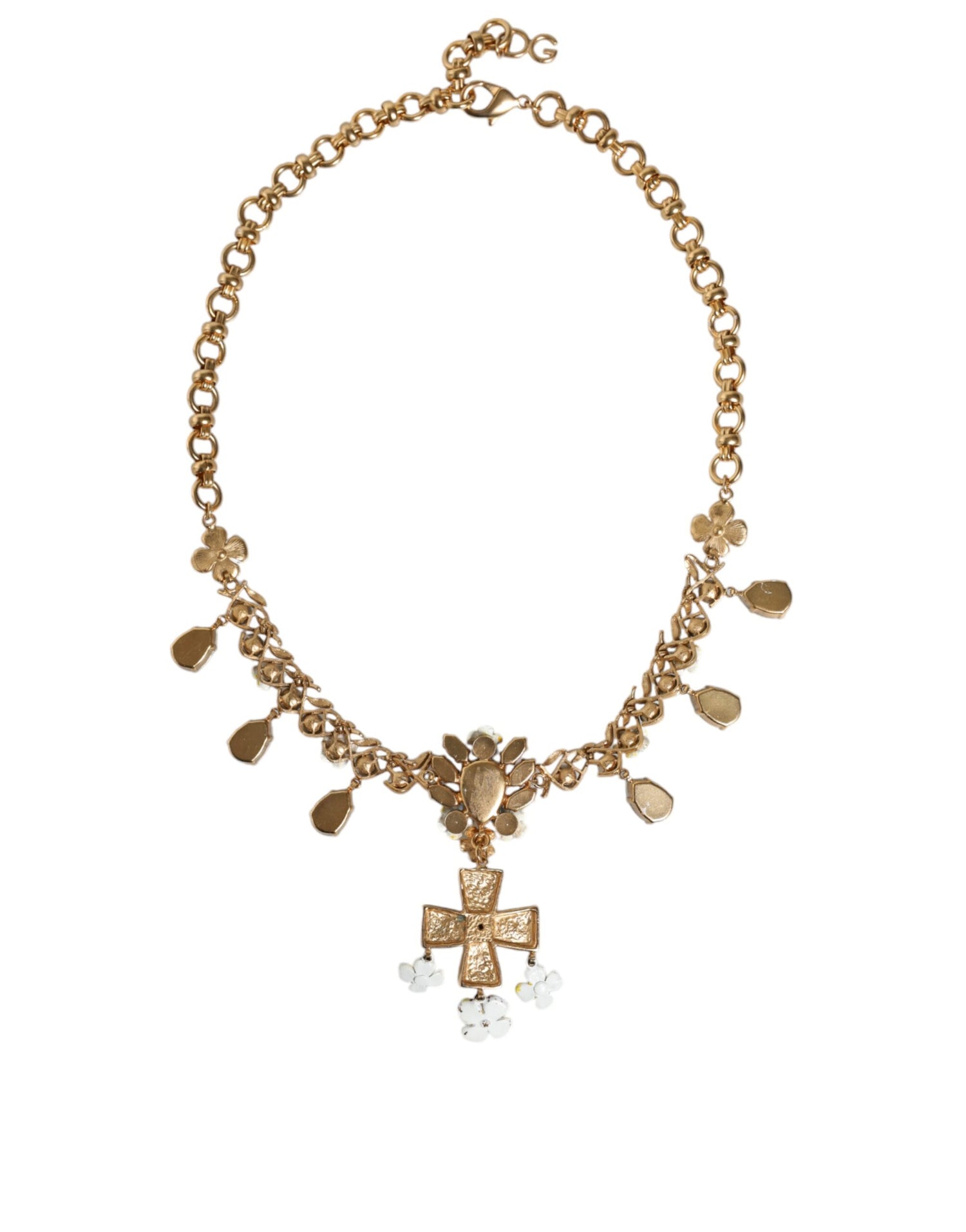 Dolce &amp; Gabbana Gold Brass Chain Floral Crystal Cross Pendant Necklace