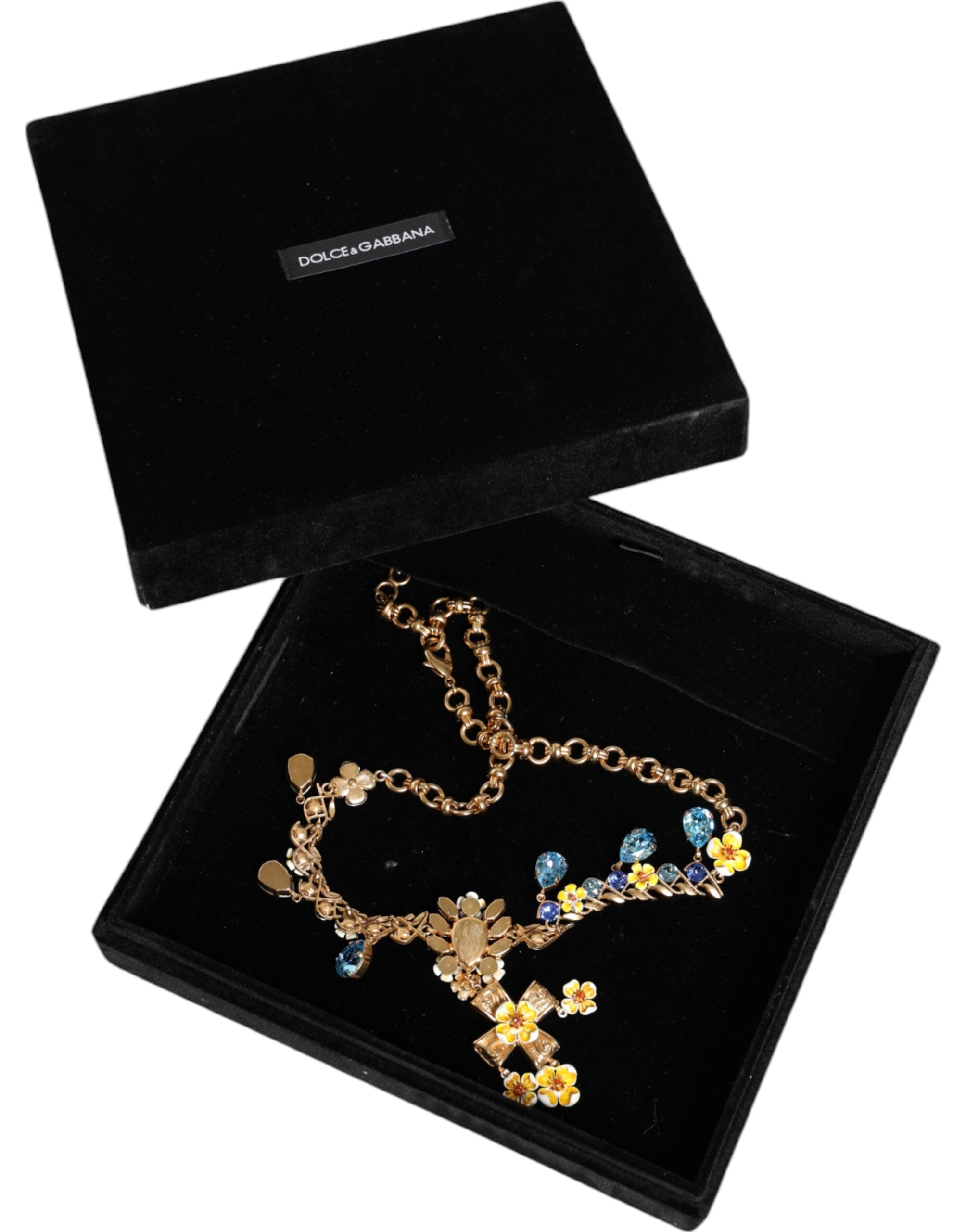 Dolce &amp; Gabbana Gold Brass Chain Floral Crystal Cross Pendant Necklace