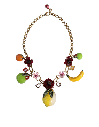 Dolce &amp; Gabbana Gold Brass FRUIT Pendants Flowers Crystal Logo Necklace