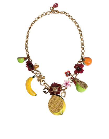 Dolce &amp; Gabbana Gold Brass FRUIT Pendants Flowers Crystal Logo Necklace