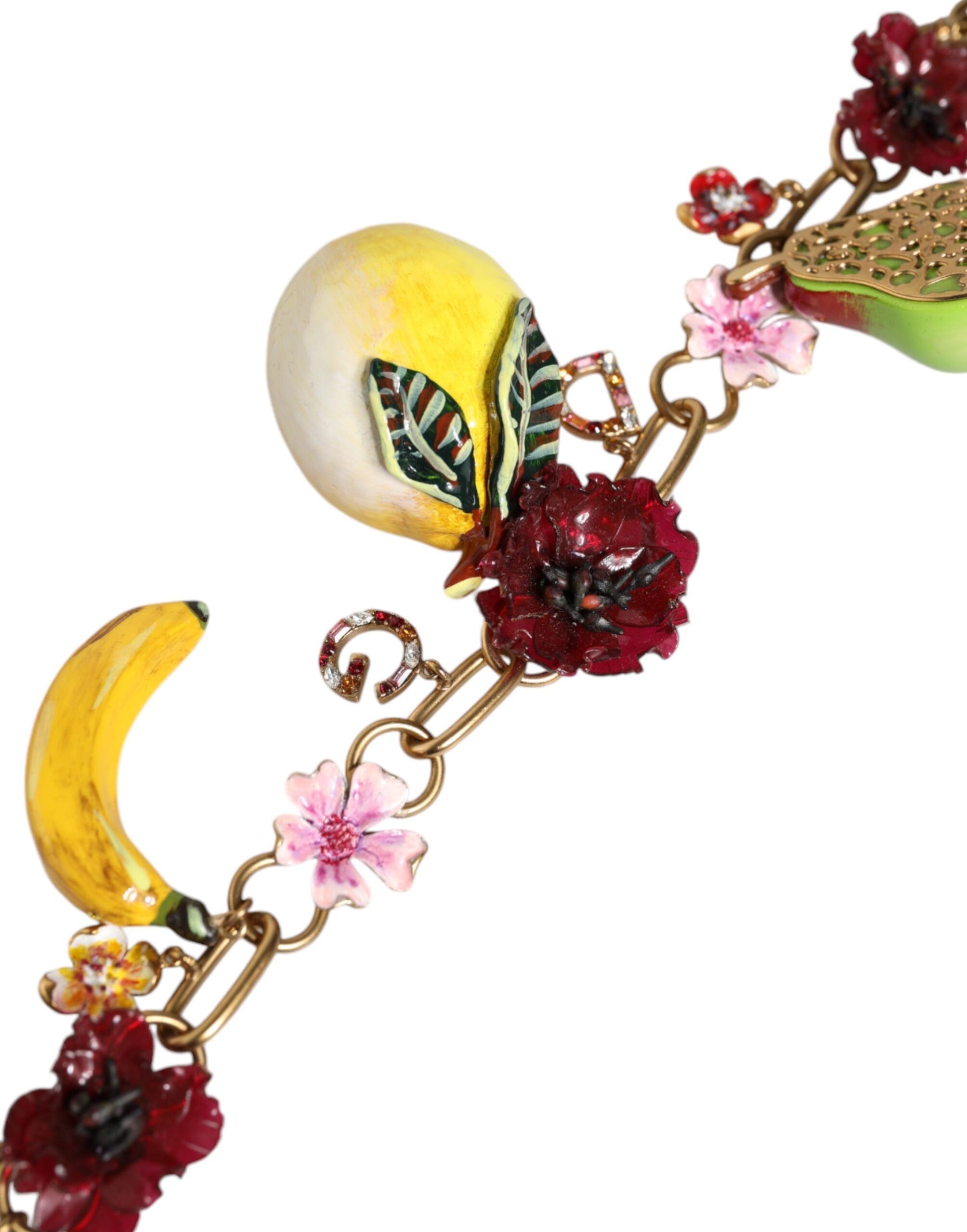 Dolce &amp; Gabbana Gold Brass FRUIT Pendants Flowers Crystal Logo Necklace