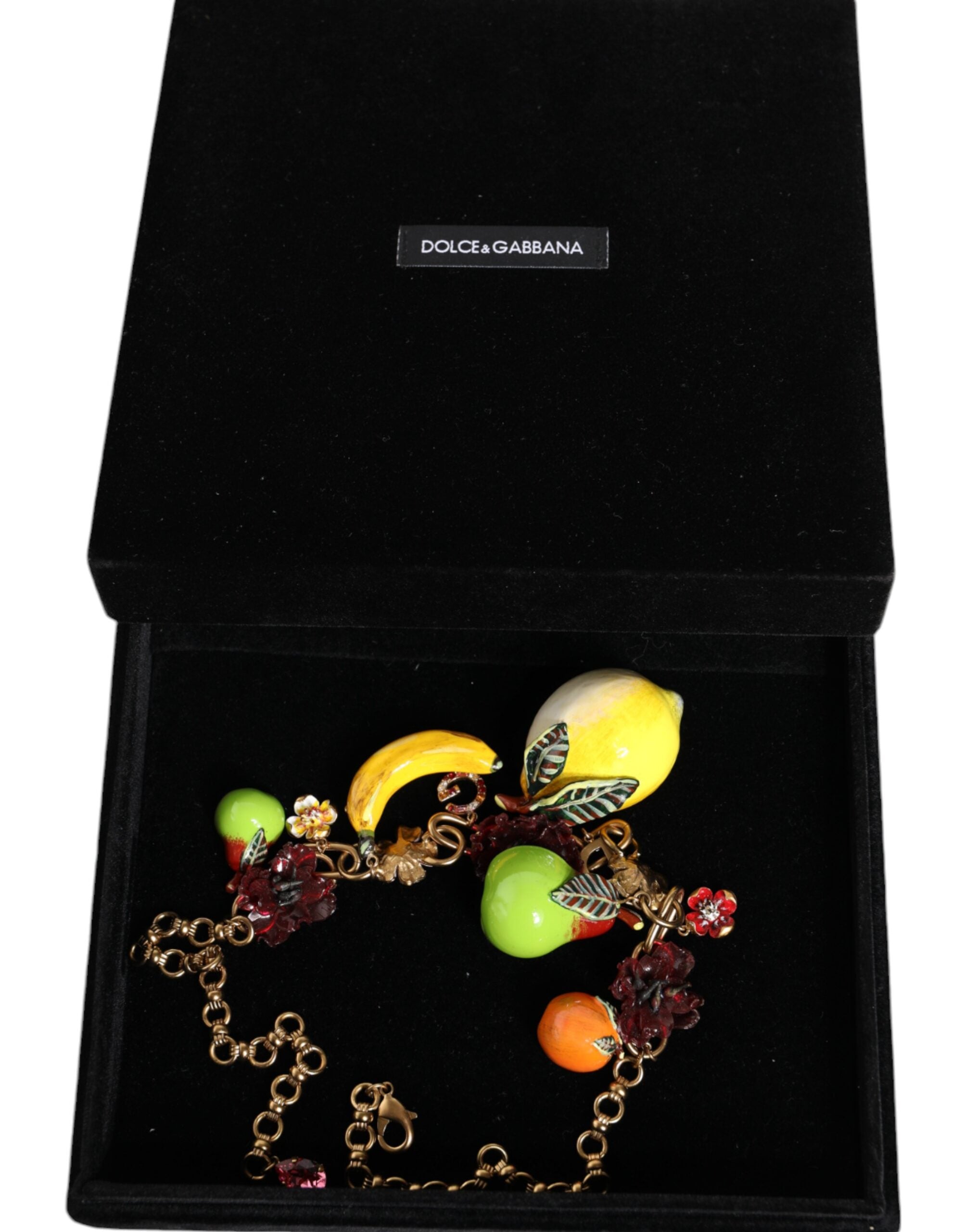 Dolce &amp; Gabbana Gold Brass FRUIT Pendants Flowers Crystal Logo Necklace