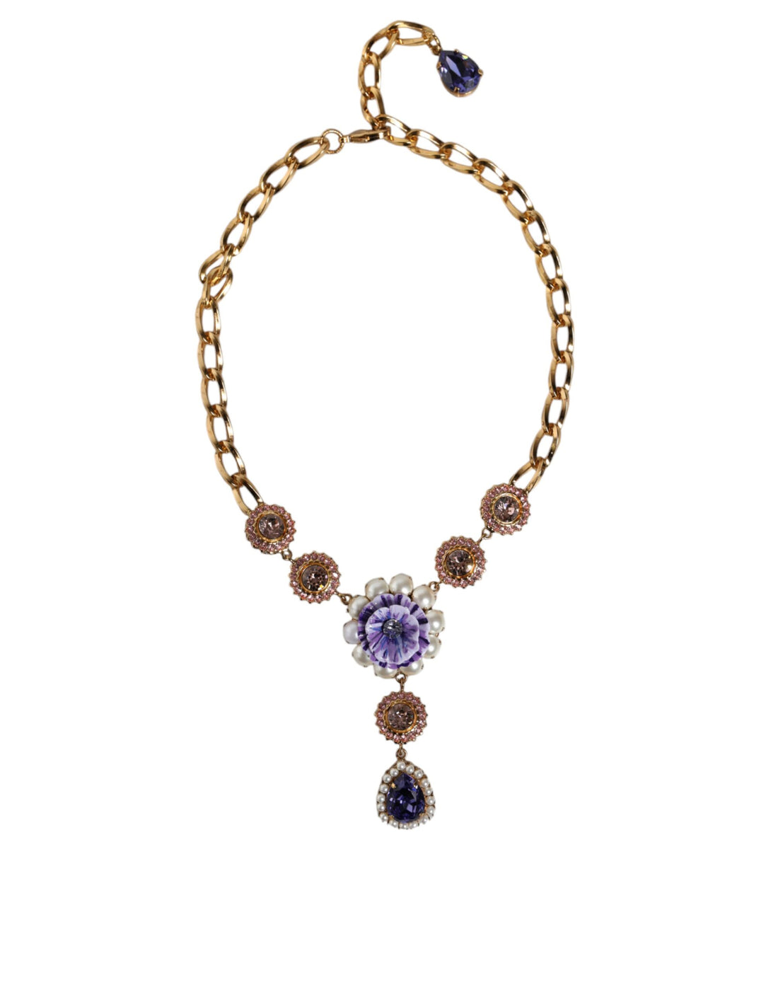 Dolce &amp; Gabbana Gold Brass Crystal Purple Pink Pearl Pendants Necklace