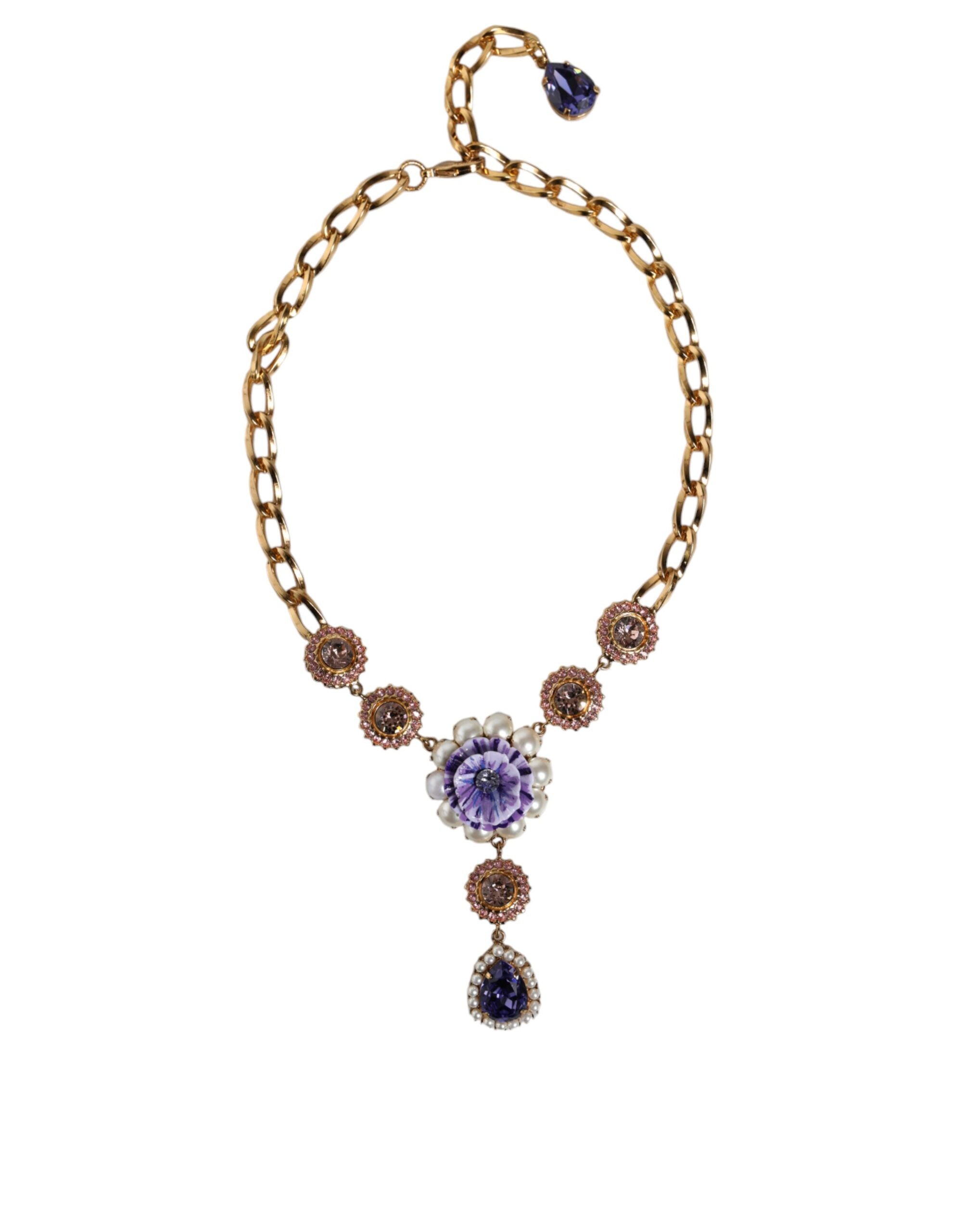 Dolce &amp; Gabbana Gold Brass Crystal Purple Pink Pearl Pendants Necklace